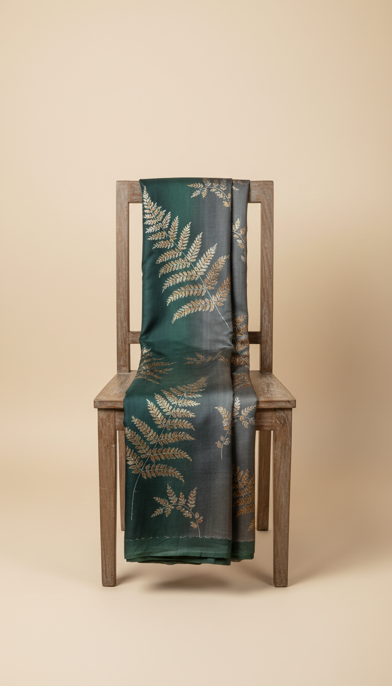 Midnight Fern Hand-Painted Silk Saree