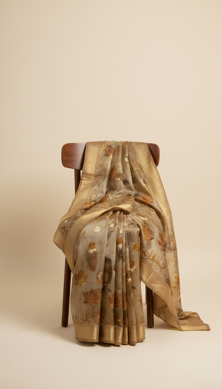 Lotus Gold Hand-Painted Silk Saree