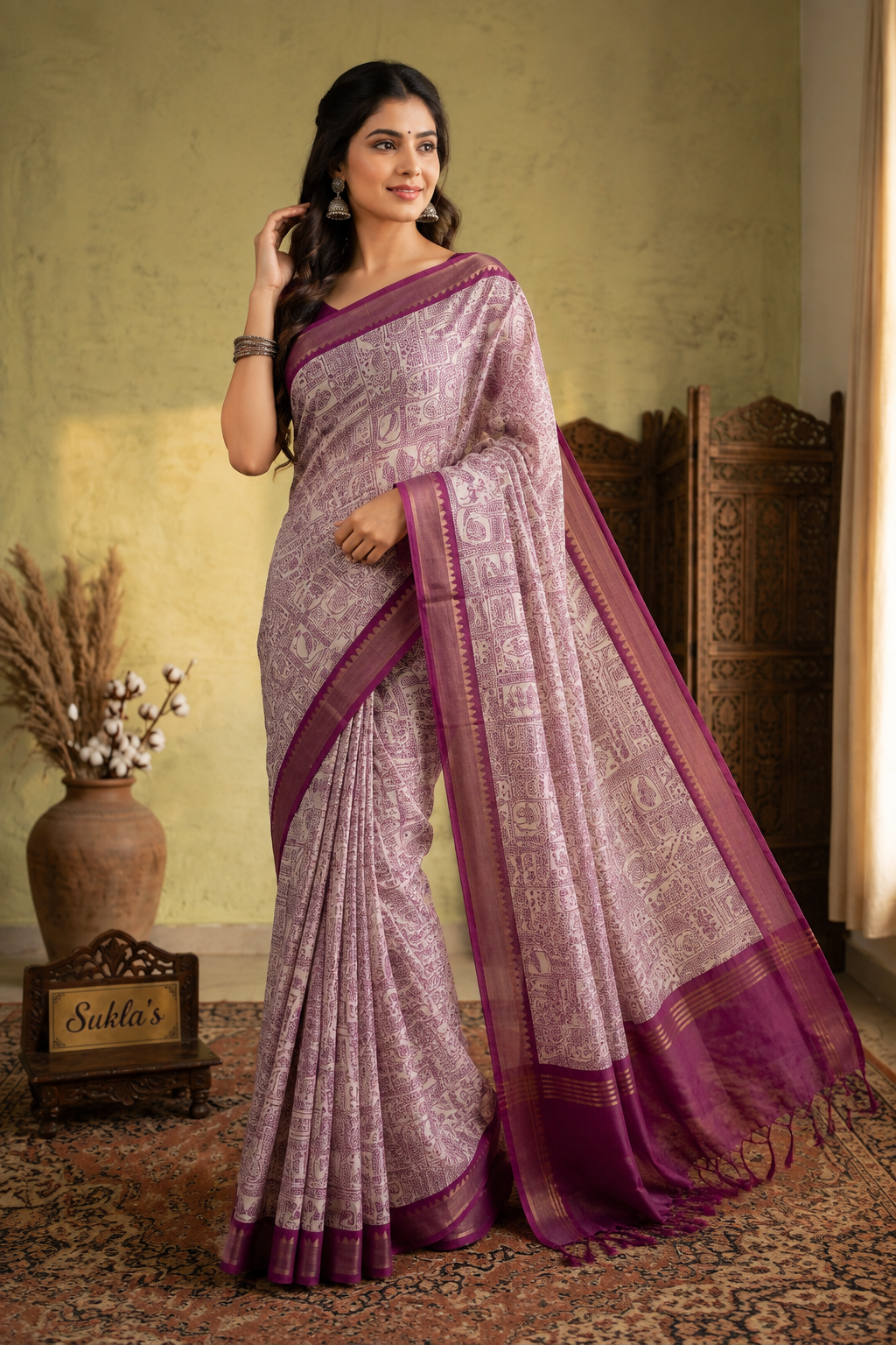 The Magenta Motif Muga Silk Saree