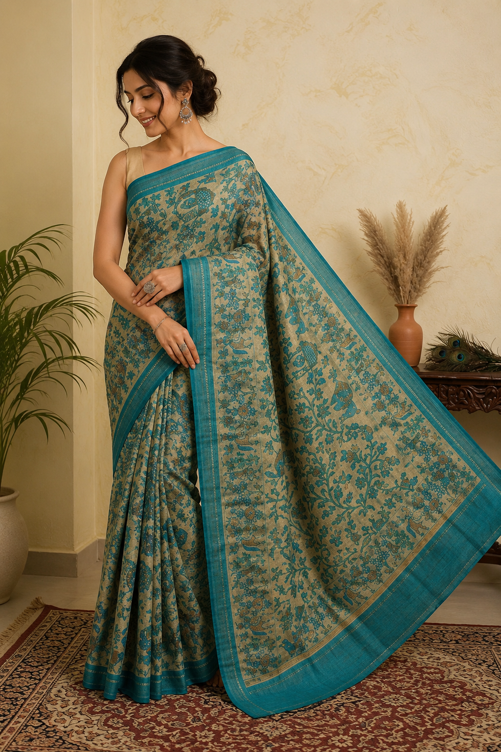 The Teal Botanical Muga Silk Saree