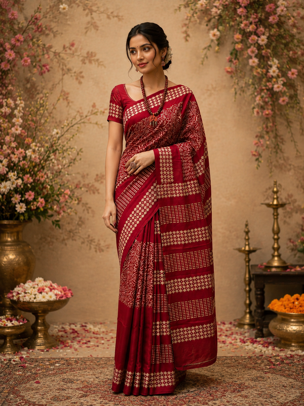 Artisanal Maroon Pure Handblock Drape