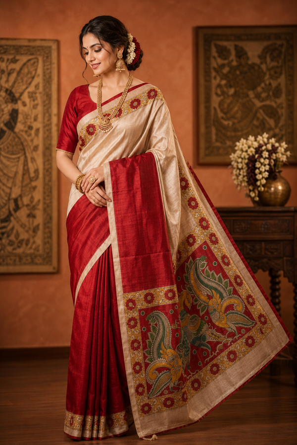 Regal Peacock Hand-Painted Silk Saree