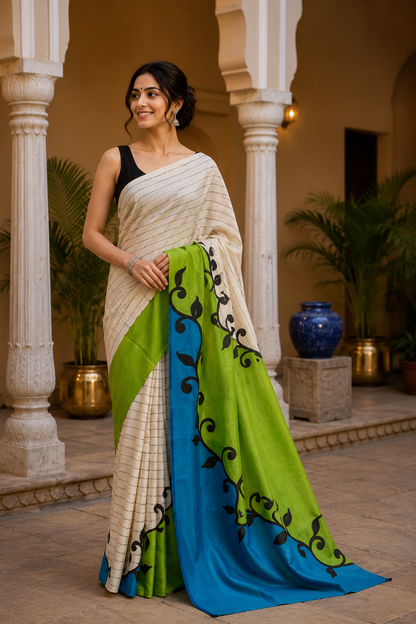The Meadow & Ocean Hand-Painted Silk Saree