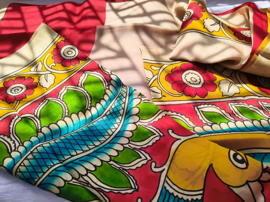 Regal Peacock Hand-Painted Silk Saree