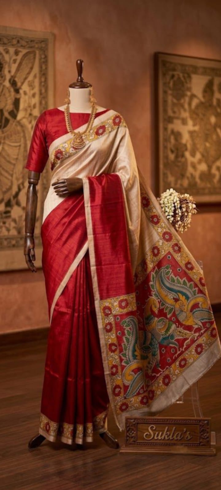 Regal Peacock Hand-Painted Silk Saree