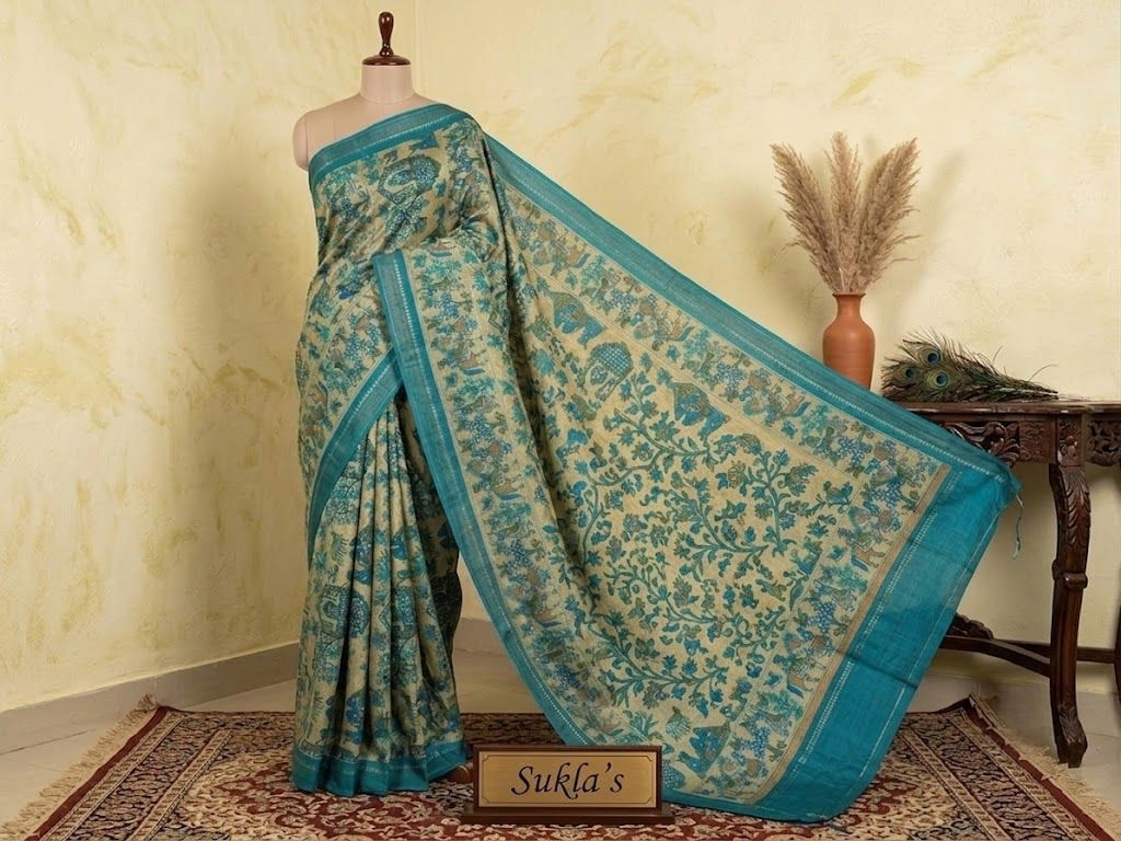 The Teal Botanical Muga Silk Saree